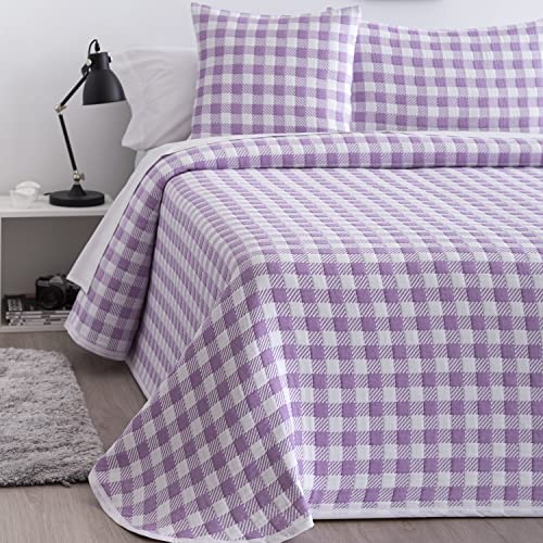 BarceloHogar Colchas Cama 90 cm Suave. Colcha Fina Entretiempo. Cubre Cama Reversible Elegante. Colcha Edredon Otoño. Resistente Jacquard Cuadros Lenzo 90 cm Lila