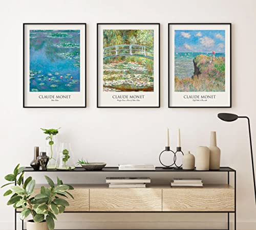 ag.art deco Obrazy do salonu, 30 x 40 cm, wydruki na ścianę, płótno do przedpokoju i schodów, dekoracja pokoju, nieoprawione plakaty, zestaw 3 dzieł sztuki (zestaw Claude Monet)