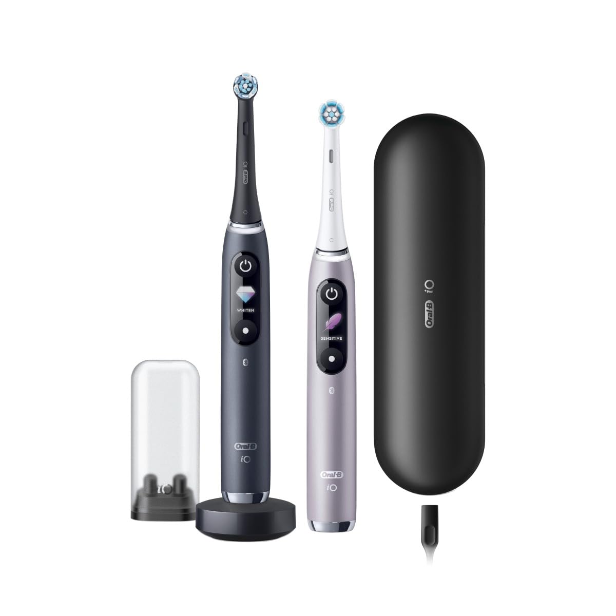 Oral-B 4210201411550 iO 9 Duopack Elektryczna szczoteczka do zębów z 2 sztuczną inteligencją, czarny i różowy kwarc, 2 szczoteczki i etui podróżne Premium gratis