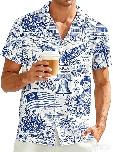 Us 250Th Anniversary Printed Casual Hawaiian Shirt USA 250Th Anniversary Shirt Patriotic American Flag Sweatshirts for Men USA 4Th of July Tshirt Hawaiian Shirts for Men