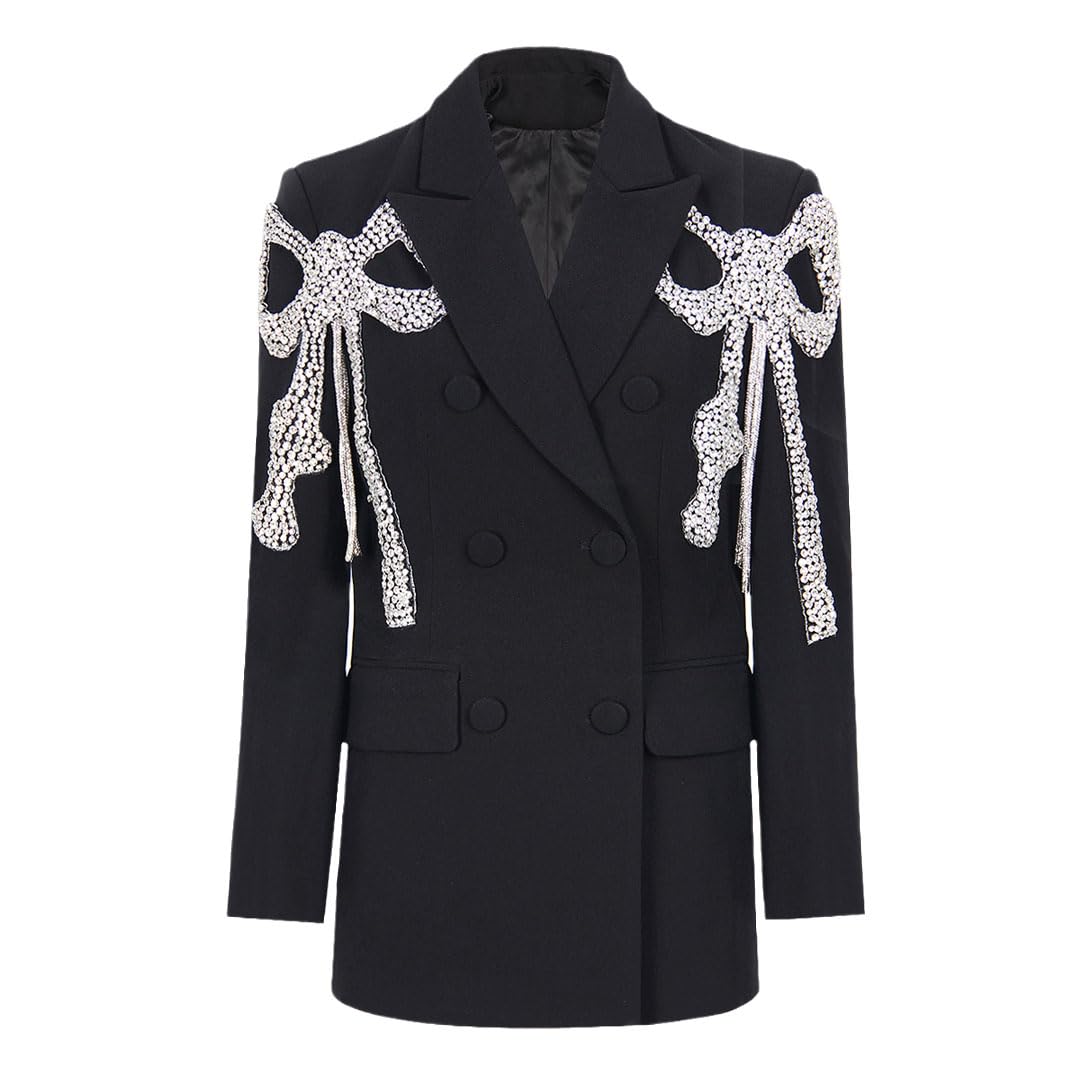Fashion Loose Fit Beaded Bohemian Bow Decoration Double Breasted Long Sleeve Womens Suit Blazer