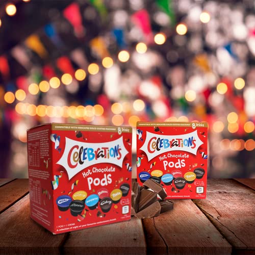 Celebrations Heiße Schokoladenpads, kompatibel mit Dolce Gusto - Twix, Mars, Bounty, Snickers, Galaxy, Malteser, Milky Way & Galaxy Caramel Capsules - 1 Box, 8 Capsules