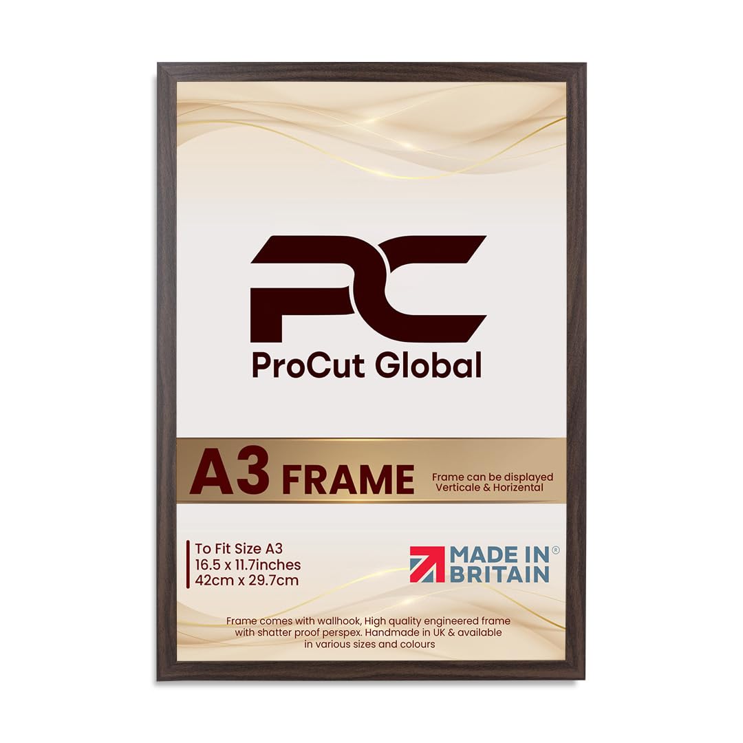 Procut Global A3 Walnut Picture Frames – Sleek Wooden Photo Frame with Shatterproof Perspex for Wall or Tabletop – Perfect for Posters, Certificates, Prints–Multiple Sizes & Colors Available
