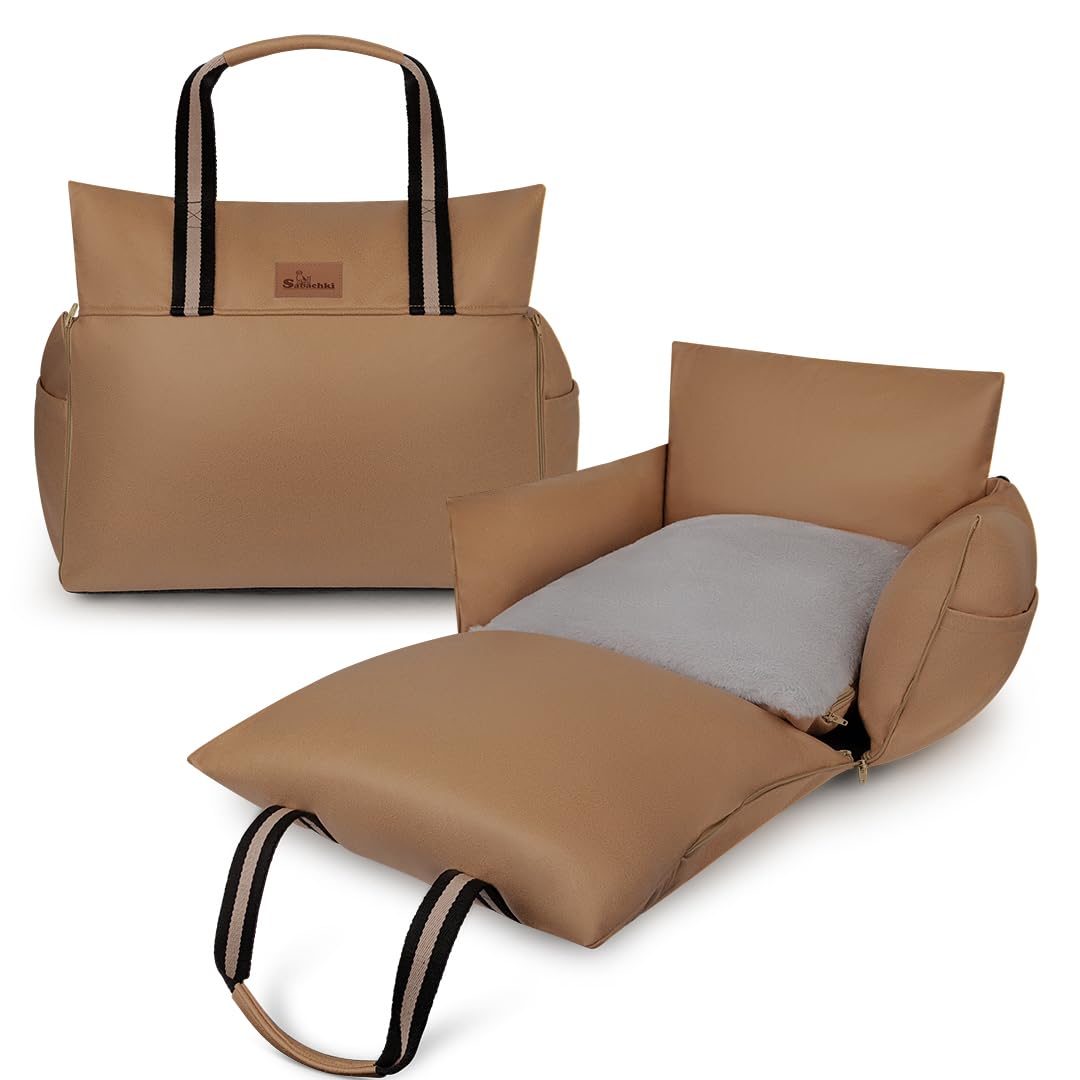 Sabachki Car Seat | Waterproof Dog Booster for Car | Easy-to-Carry Dog Bed Up to 30 Lbs with Handles & Storage (Mocha)