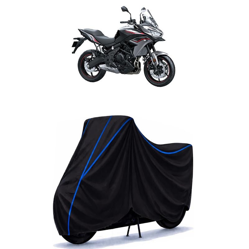 Image of Versys 650 BS6 Bike Cover Water Resistant Universal Motorcycle Rain | Heavy Duty UV Protection, Dust, Scratch Indoor Outdoor All Weather with Black Blue Piping Elastic