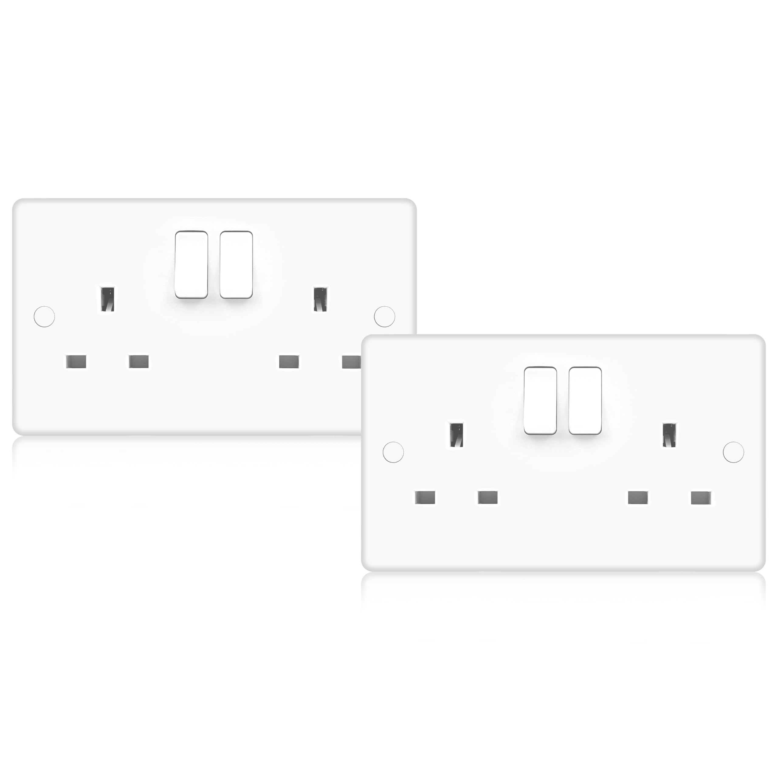 EVOGES Vector 13A 2 Gang Double Pole Switched Socket – White Gloss Double Plate, UK 3-Pin Power Outlet, Includes Fixing Screws & Screw Caps, UK Standard Wall Mount (Pack of 2)