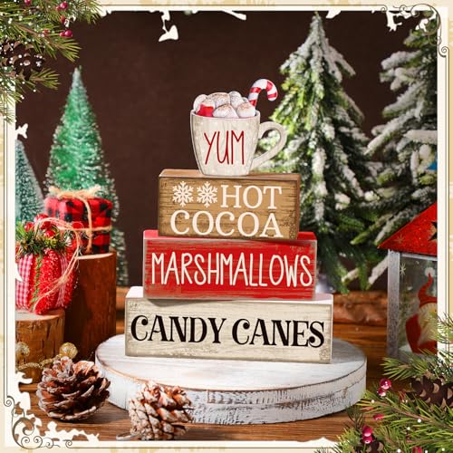 Image of Moucuny 4 Pcs Wooden Christmas Tabletop Decor Hot Cocoa Tiered Tray Decor Rustic Wood Hot Cocoa Block Sign Gift Merry Christmas Centerpiece Farmhouse Winter Table Decoration