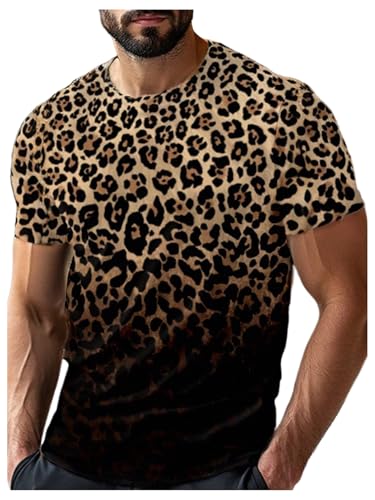 Men's Leopard Print T Shirts Y2K Cheetah Crew Neck Short Sleeve Tees Vintage Tops Trendy Clubwear