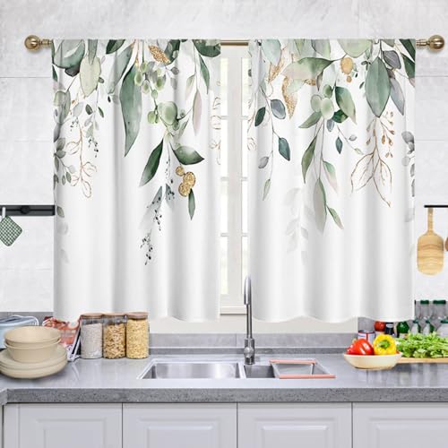 Highdi 2 Piezas Cortinas Cortas para Cocina Media Ventana Cortinas de Pequeñas Modernas para Debajo del Fregadero, para El Lavadero del Armario Dormitorio (Hojas de árbol,70x50cm)