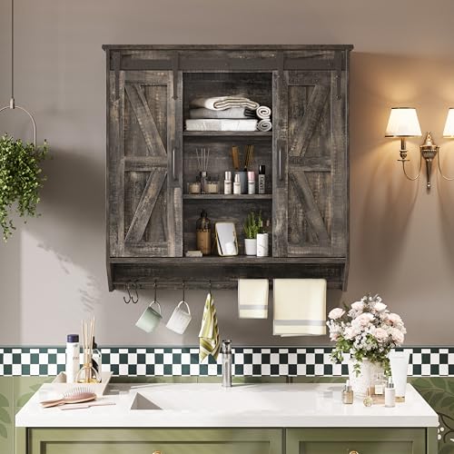 Farmhouse-Medicine-Cabinet-2-Sliding-Barn-Doors-3-Tier-Rustic-Wood-Wall-Storage-Cabinet-Adjustable-Shelf-Towel-Bar-Wall-Mounted-Bathroom-Wall-Cabinet-Dark-Rustic-Oak-3071-Inch Farmhouse Medicine Cabinet 2 Sliding Barn Doors 3 Tier Rustic Wood Wall Storage Cabinet Adjustable Shelf Towel Bar Wall Mounted Bathroom Wall Cabinet Dark Rustic Oak 3071 Inch