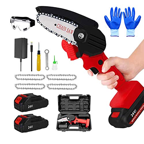 Sierra de Cadena Inalambrica, 4 Pulgadas Mini Motosierra de Poda PortáTiles de 24 V y 500 W,para Corte de Madera, EléCtricas Motosierra Bateria Pequeña Con 2 BateríAs y 4 Cadenas