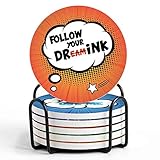 Funny Stone Coasters For Drinks with Holders | 12 Set Absorbent Cool Ceramic Coasters and Modern Holders with Cork Back | Personalized Cute Marble Coaster with Sense of Humor for Table Bar Glass