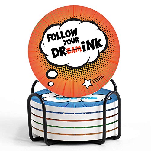 Funny Stone Coasters for Drinks with Holders | 12 Set Absorbent Cool Ceramic Coasters and Modern Holders with Cork Back | Personalized Cute Marble Coaster with Sense of Humor for Table Bar Glass