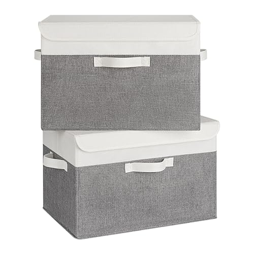 GRANNY SAYS Aufbewahrungsboxen mit Deckel groß, 2 Stück Kisten Aufbewahrung, Aufbewahrungsbox mit Deckel Stoff, Aufbewahrungskörbe für Kleidung, weiß-grau Faltboxen mit Deckel für Kleiderschrank