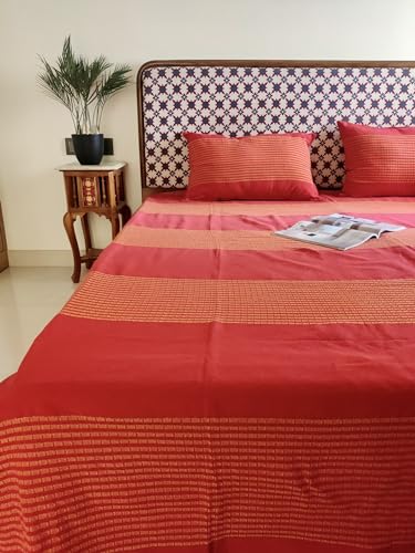 RANGBHAR Handloom Cotton 220 TC Striped Bedsheet For Double Bed, Organic Woven Bedsheet With 2 Pillow Covers, Red, 90 X 100 Inch