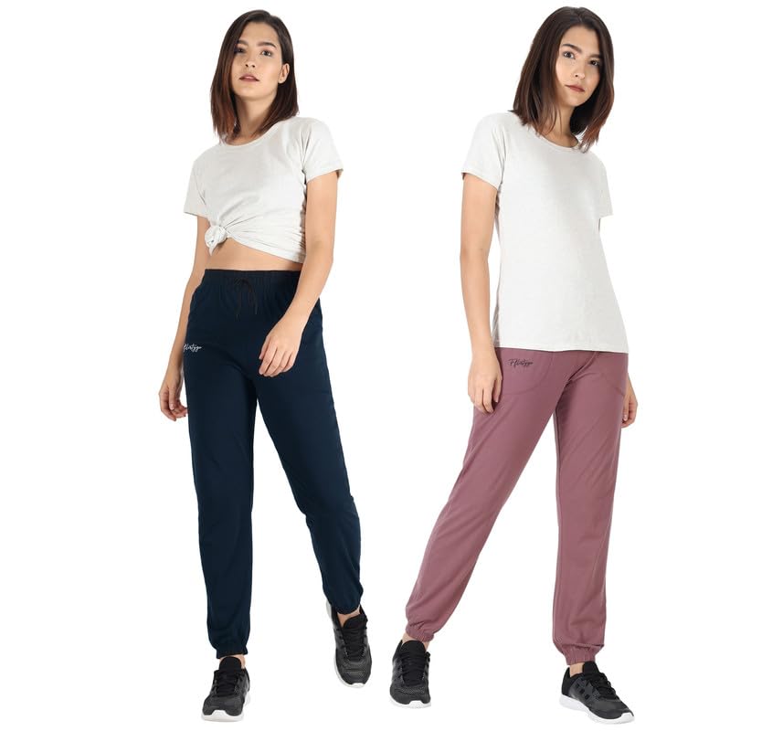 Image of Fflirtygo Cotton Solid Joggers /Track Pant /Solid Pajama /Leggings �100% Export Quality Soft Cotton Night Wear /Pocket Pyjama for Women Combo Pack of 2Pcs, Blue and Grey