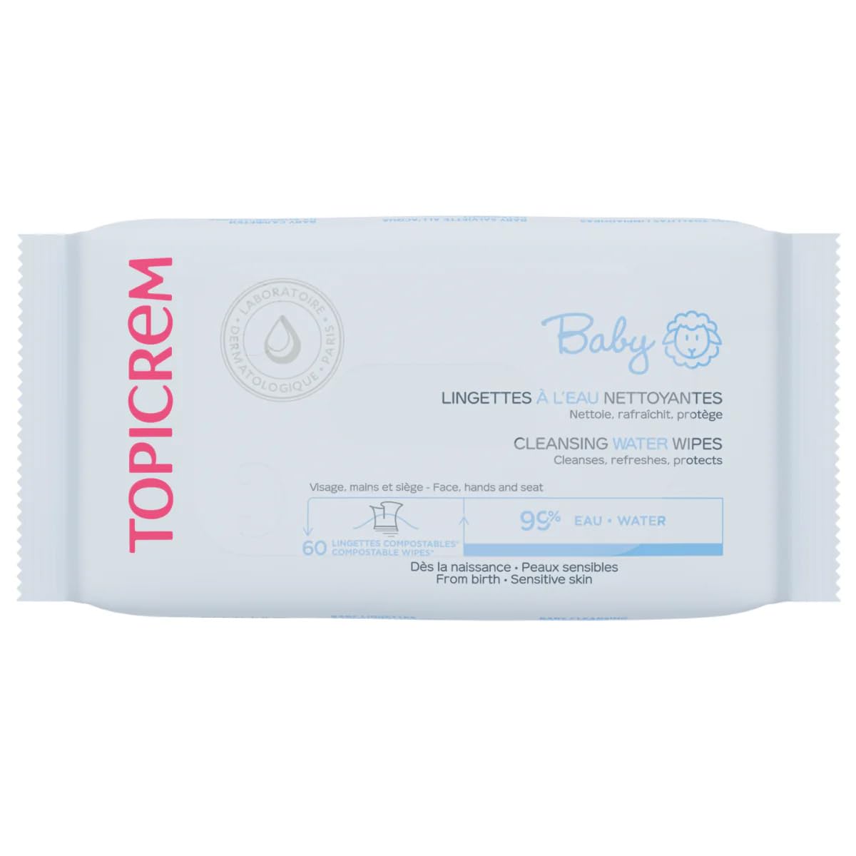 Topicrem - Baby Wipes with Water - Cleanses, Protects, Refreshes Face, Hands and Seat - 99% Water, 100% Vegetable Fibres - Perfume Free - Made in France - 60 Wipes