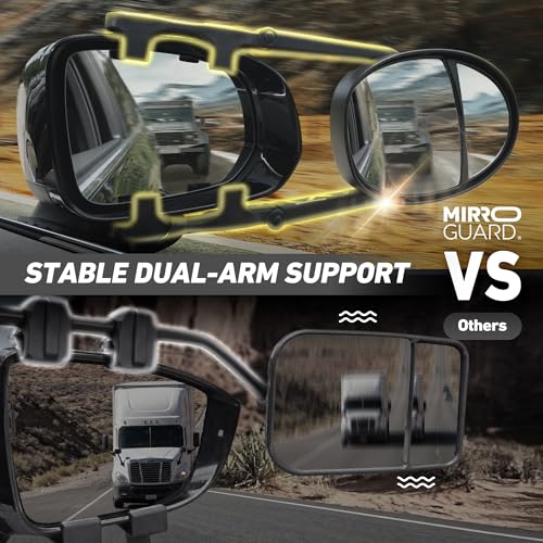 Image of MG91 Dual-Arm Towing Mirrors for Trucks, SUVs, RVs & Trailers | Dual-arm support with extra securing straps and a rubber strap helps reduce vibration on highways and rough roads. Black.