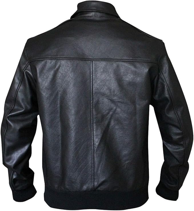 Mens Black Happy Arthur Fonzie Vintage Classic Genuine Bomber Leather Ribbed Biker Jacket4