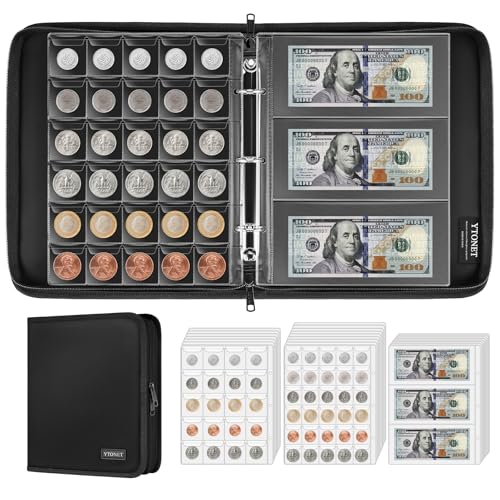 Ytonet Coin Collection Book Holder for Collectors 410 Pockets Coins Collections Album & 24 Currency Organizer Binder Fireproof Coin Collection Supplies Coins Collector Gifts for Bill Penny Back