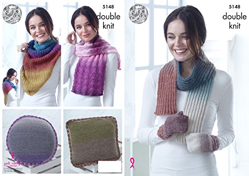 King Cole Ladies Double Knitting Pattern Mittens Scarf Lace or Triangular Wrap & Cushions (5148)