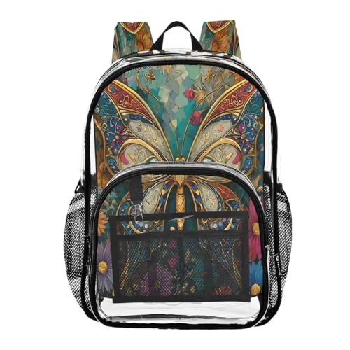 ALAZA Butterfly Butterfly Flower Clear Backpack PVC Transparent Bookbag Heavy Duty for Student Boy Girl Kids Adult School Travel Work