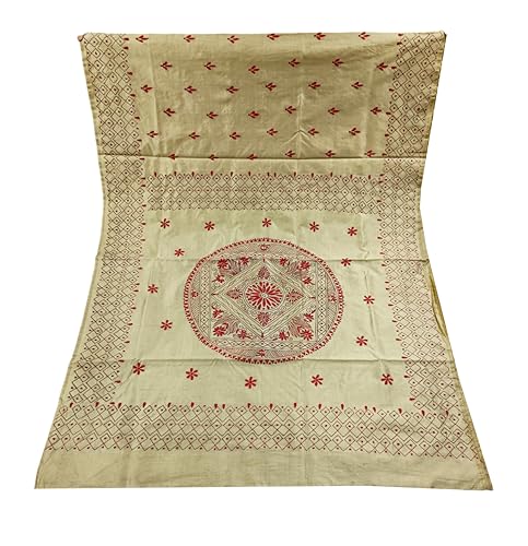 Image of SHRISTI CLOTHINGS Women's Hand Embroidered Cotton Silk Kantha Stitch Saree with Blouse Piece (J420724 SWD62)