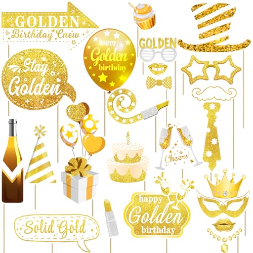 25 Pcs Golden Birthday Photo Booth Props Set -Gold Glitter Stay Golden Birthday Party Decoration，Gold Bday Selfie Photo Props for Boys Girls Women and Men Any Bday Party