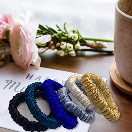 Image of VLOMOT 6 Pcs Set 100% Pure Mulberry Silk Hair Scrunchies Hair Ties with 6 Chic Colors Everyday Skinny Scrunchies Silk Ponytail Holders Hair Care No Damage (Blue)