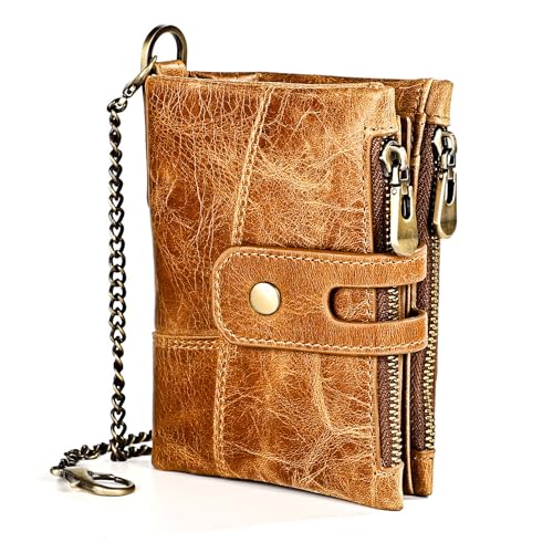 Small Wallet Women Leather Chain Compact Card Holder Zipper Pocket Wallet RFID Blocking Card Case Purse with ID Window(brown)
