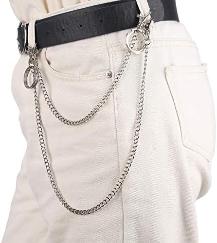 AIEX 3Pcs Chain Belt Set, Pocket Chain Wallet Chain Silver Keychain with Two Lobster Key Clasps and Two Key Rings for Clothing Match Belt Loop Purse Handbag (32cm, 48cm, 52cm)