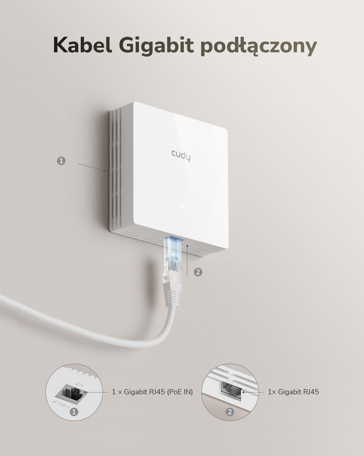 Cudy AC1200 Dwupasmowy Gigabitowy Punkt Dostępowy w Formie Gniazdka Ściennego, konstrukcja 86 mm, port Gigabit RJ45, obsługa Mesh, MU-MIMO, Beamforming, płynny roaming, zasilanie PoE, AP1300E Wall