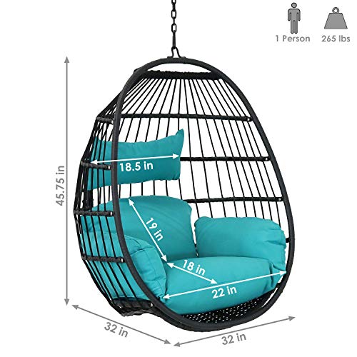 Sunnydaze Dalia Black Steel and Polyethylene Wicker Hanging Egg Chair with Teal Polyester Seat Cushions - 45-Inch Tall