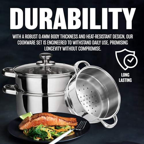 22 Cm Deluxe Steamer Cookware Set - with Glass Lid & Handles | Stainless Steel Pan, 3 Tier Pot Capsulated Bottom, Kitchen Home Cooking Pans, Chef Healthy Veg Cook, Multi Purpose - Image 6