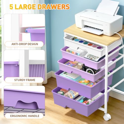 Image of SUNALLY Rolling Carts With 5 Drawers, Storage Drawer Carts for Craft,Purple