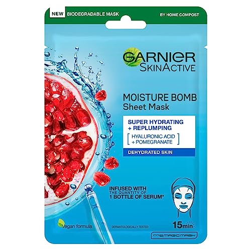 Garnier Moisture Bomb Pomegranate and Hyaluronic Acid Sheet Mask, Super Hydrating & Replumping Face Mask, For Dehydrated Skin, Vegan Tissue Mask, 28g