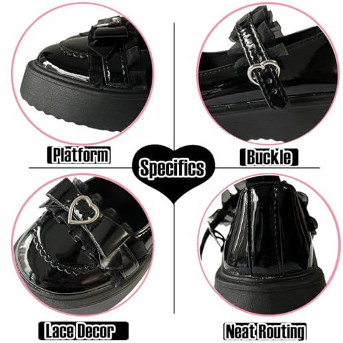 Y2K Goth Kawaii Harajuku Lolita Round Toe Chunky Heels Heart Buckle Black Lace Trim Mary Jane Platform Shoes2
