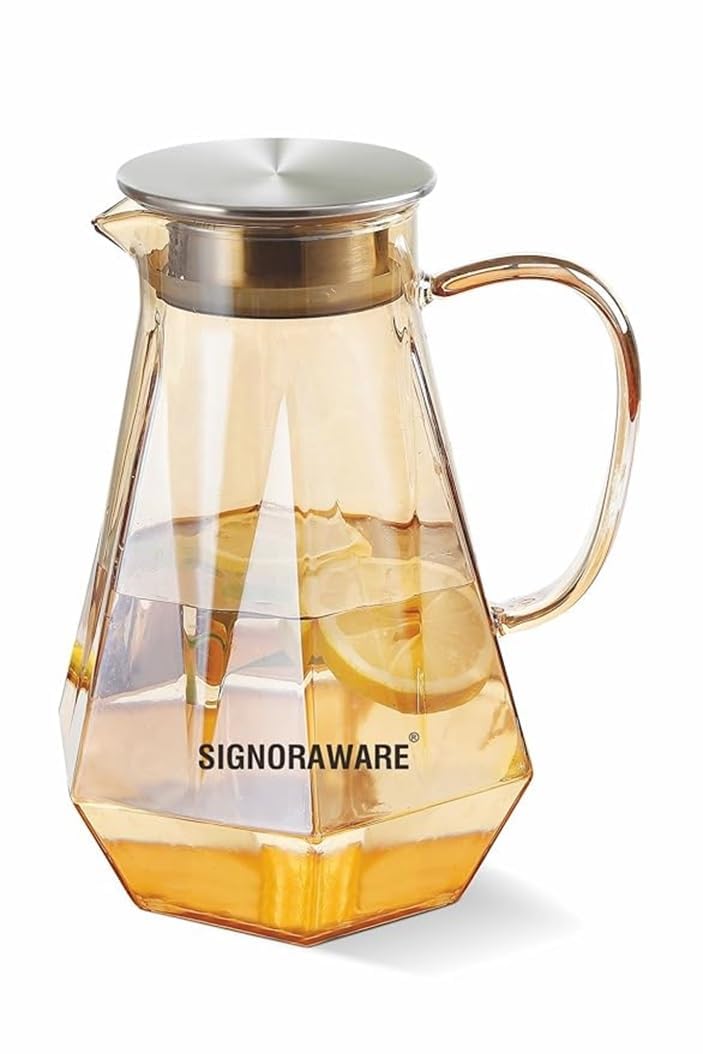 Signora Ware Hilton Borosilicate Glass Jug with Steel Lid|1800 ML|Refrigerator,Microwave&Dishwasher Safe|Heat Resistant|Wide Mouth for Easy Cleaning|Strong Handle|Ideal for Everyday Use|Clear