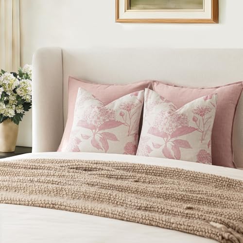 Image of Foindtower Set of 2 Linen Floral Throw Pillow Covers Neutral Vintage Print Decorative Cozy Cushion Covers Farmhouse Boho Home Decor for Sofa Chair Couch Bedroom Living Room,22x22 Inch,Light Pink