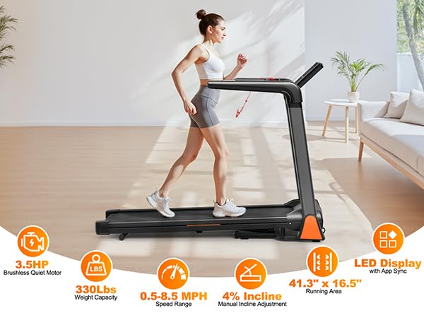 Image of Folding Treadmill, Automatic Incline Treadmill, Foldable Walking Pad Treadmill, 3.5 Horsepower 0.5-8.5MPH 330LBS Capacity LED Display for Home