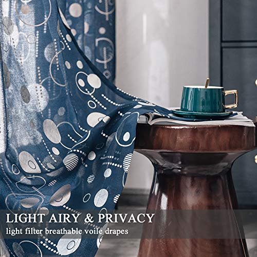 Kotile Circles Dots Curtains For Bedroom - Navy Blue Short Sheer Curtains 63 Inch Long Print Metallic Silver Geometric Circles Pattern Grommet Window Curtains For Kids Room, 52 X 63 Inch, 2 Panels #TOP4