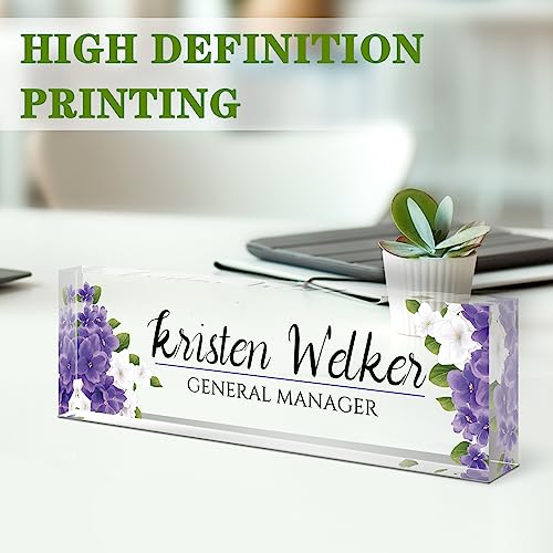 Image of Custom Name Plate for Desk, Desk Name Plate Personalized, Office Decor for Women, Acrylic Desktop Accessories, Office Appreciation Gifts for Boss Social Workers Nurse Teacher Employee(Purple Flowers)