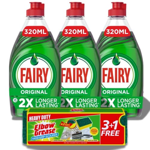 Fairy Liquid Original 320ml 3-Pack and Elbow Grease Sponge 4-Pack Bundle | Dish Washing Liquid | Washing Up Liquid Bulk | Fairy Liquid Washing Up Liquid Multipack