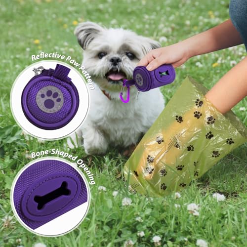 Image of FURHAB Dog Poop Bag Holder for Leash Doggie Waste Bag Dispenser Soft Fabric Puppy Potty Carrier Small Doggy Zipper Pouch with Carabiner Clip 1680D Nylon Oxford with 1 Roll of Pet Trash Bags, Purple