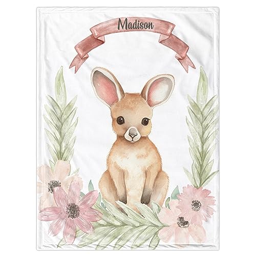 Personalized Kangaroo Baby Blanket with Name, Floral Toddler Girl Soft Plush Receiving Blanket for Newborn Nursery