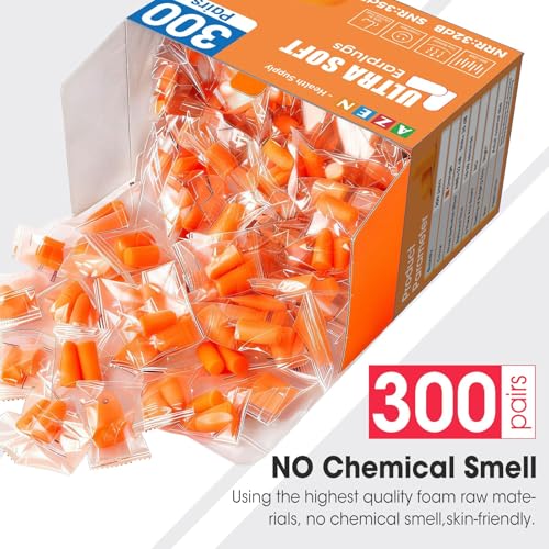 Image of AZEN 300 Pairs Ear Plugs, NRR 32dB Soft Foam Ear Plugs for Sleeping Noise Cancelling, Earplugs for Concerts Shooting Swimming Noise Reduction,Individually Wrapped (Orange)