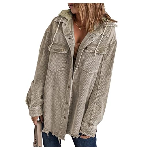 Dokotoo Ladies Corduroy Shacket Jackets for Women Fashion Contrast Color Block Oversized Hooded Long Sleeve Flannel Shirts Button Down Pocketed Casual Winter Fall 2023 Cardigans Outerwear Khaki M
