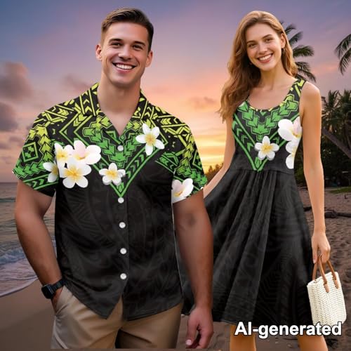 Image of Hawaii Matching Couple Outfits Husband and Wife Clothing Fashionable Mens Casual Shirts Hawaii Dress with Soft Fabric