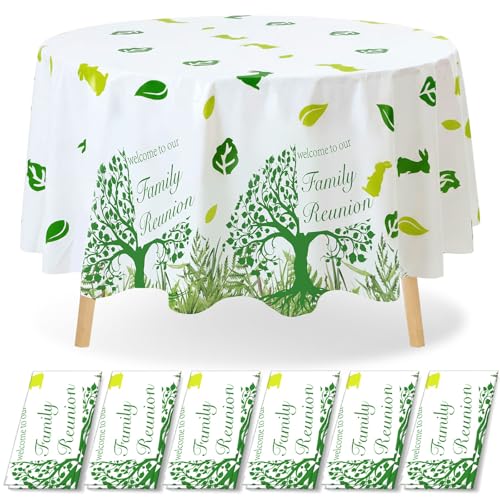 Image of Ganeen 6 Pcs Family Reunion Tablecloths Party Decorations 84 Inch Family Tree Reunion Green Tree Tablecloths Disposable Plastic Round Waterproof Table Covers for Spring Holiday Gathering Party Supply