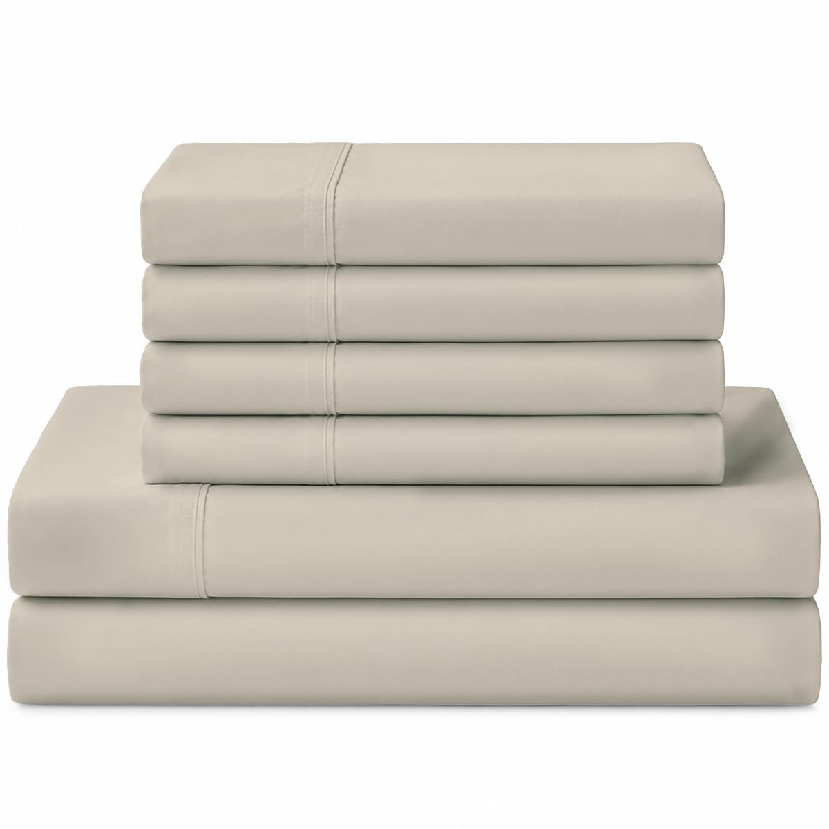 Linen Home 100% Cotton Percale Sheets California King Size, Light Taupe, Deep Pocket, 6 Pieces Set- 1 Flat, 1 Fitted and 4 Pillowcases, Crisp Cool and Long Staple Strong Bed Linen